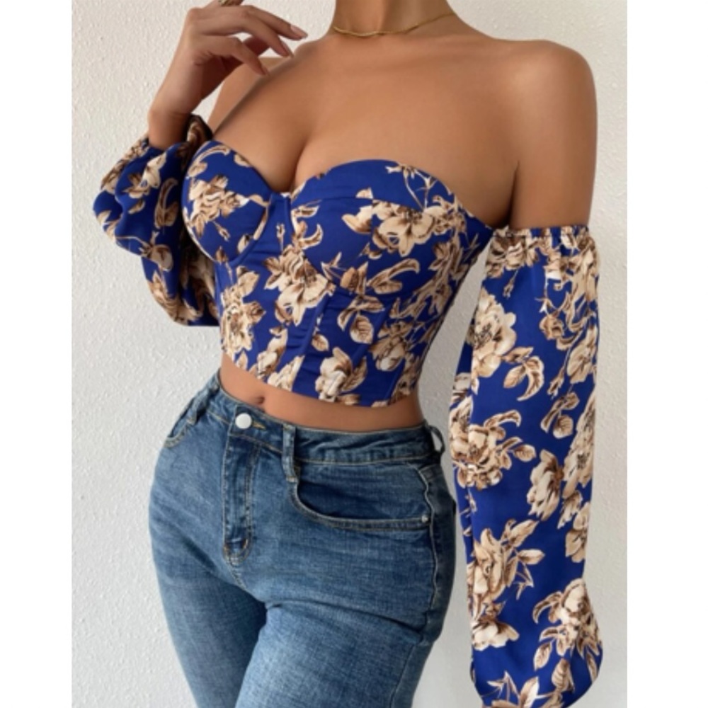 Boho blue floral print lace up back satin bustier corset tube top - Picture 6 of 6